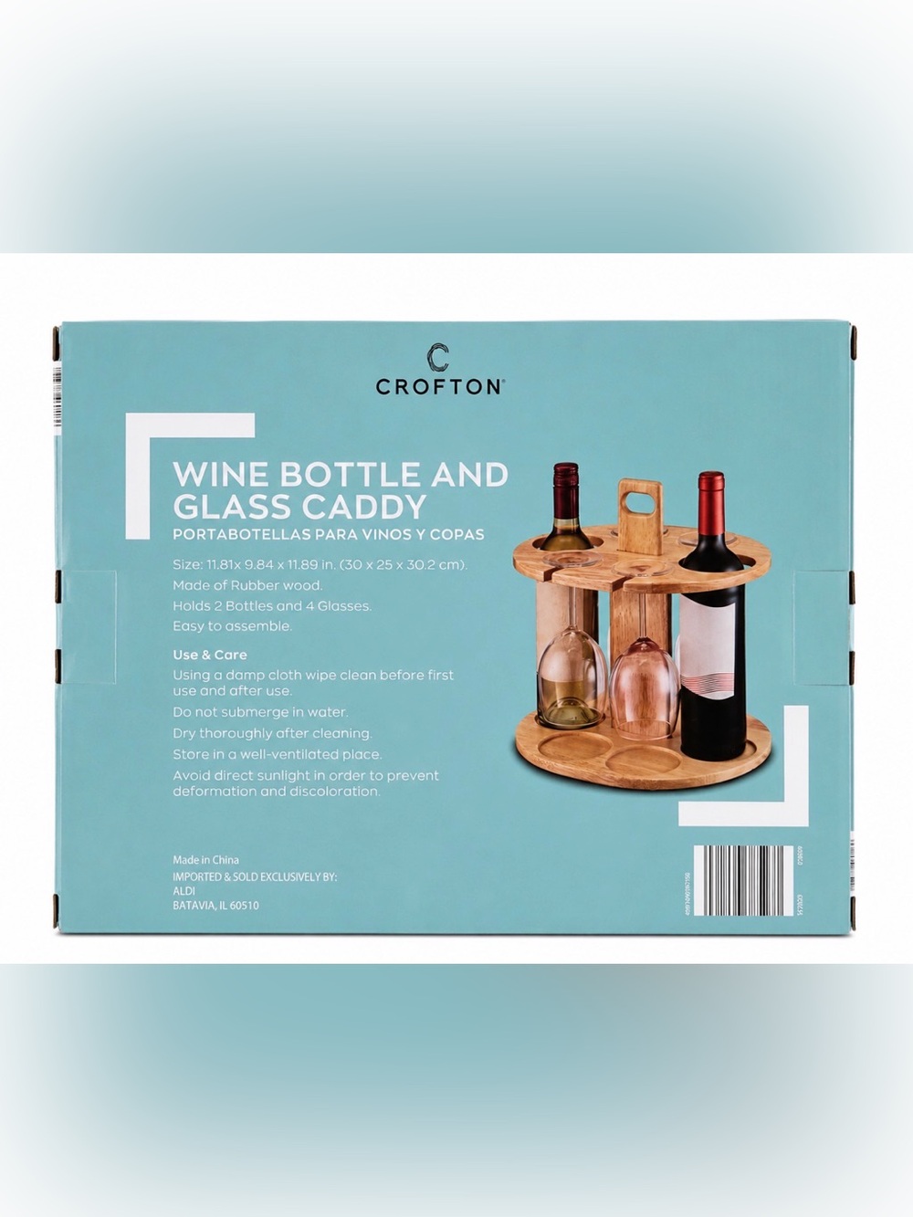Crofton Wine Bottle & Glass Caddy | Bamboo Holds 2 Bottles & 4 Glasses | NIB - Picture 3 of 3